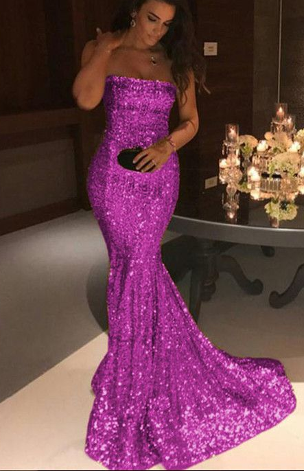 Long Purple Sequins Strapless Prom Dress Mermaid Evening Gowns cg4672