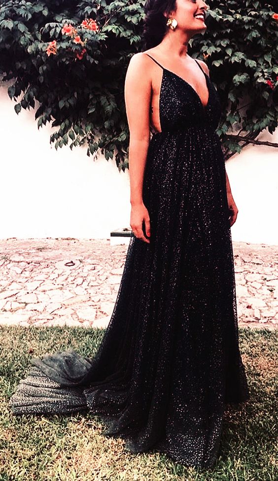 Long Black Sequins Evening Dresses Plunge V-neck Prom Gowns cg4679
