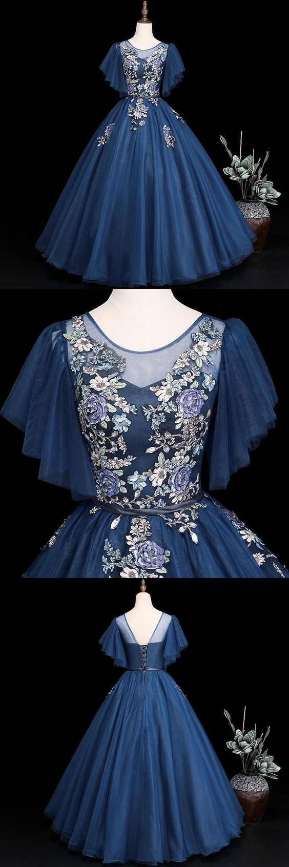 dark blue lace tulle long A line prom dress, evening dress cg4689