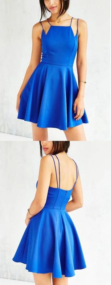Square Neck Blue Strappy Homecoming Dress,Short Backless Gradutaion Dress,Skater Dress cg4700