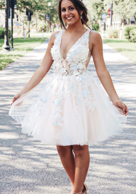 CUTE V NECK TULLE LACE SHORT DRESS TULLE HOMECOMING DRESS cg4708
