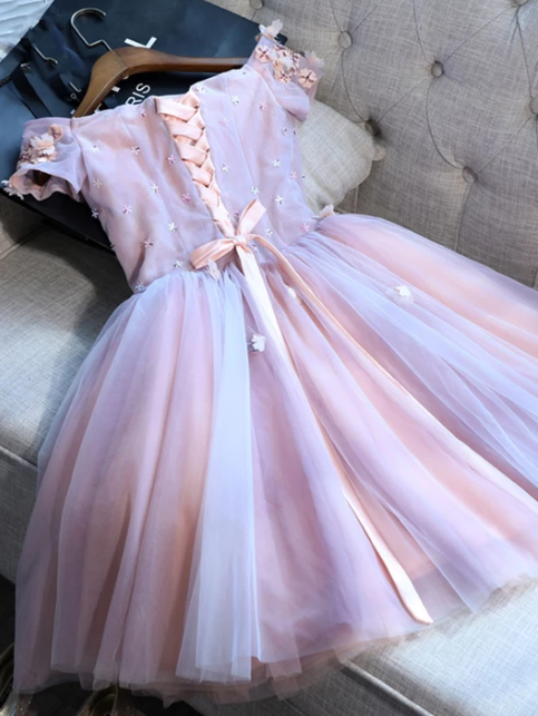 Pink tulle sequins short homecoming dress, pink evening dress  cg4718