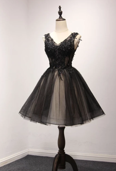 Black v neck tulle lace short party dress, homecoming dress cg4719