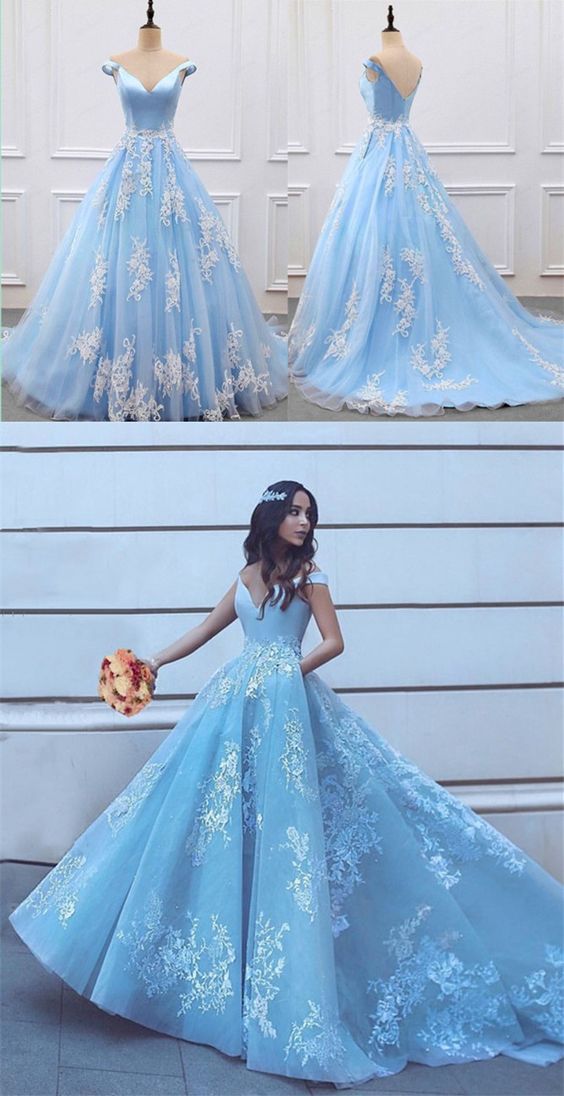 Light Blue Tulle Ball Gowns Prom Dresses Lace Appliques Off Shoulder  cg472