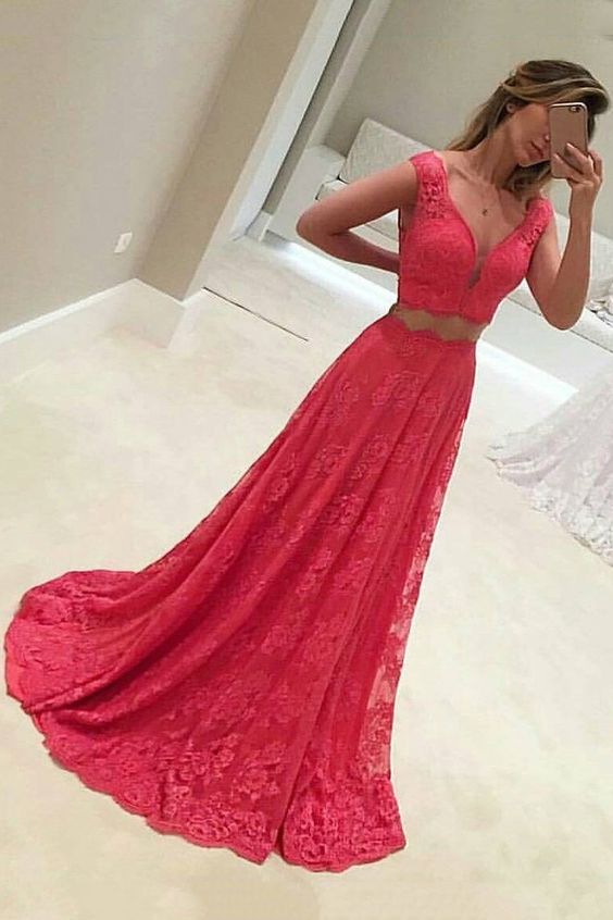 2019 Lace Two-Piece A Line V Neck Prom Dresses Sweep Train cg4722