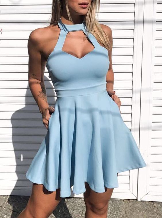 A-Line Crew Short Light Blue Keyhole Homecoming Party Dress with Pockets cg4727