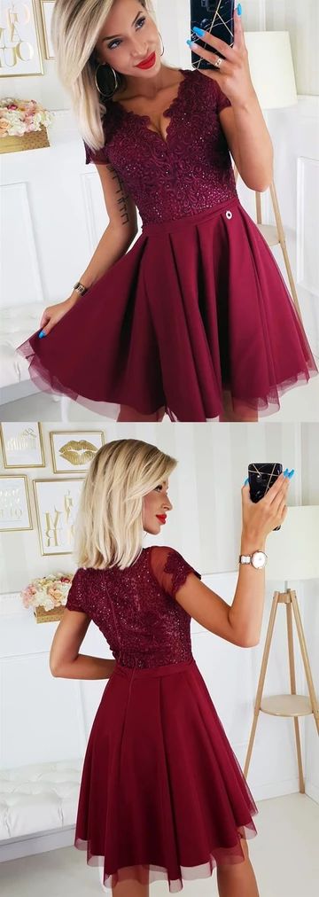 Short Sleeves Burgundy Lace Homecoming Dresses cg4729