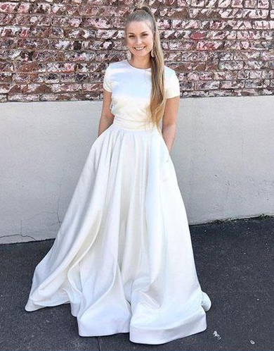 Simple white satin prom dress evening gown, short sleeve prom dress cg4732