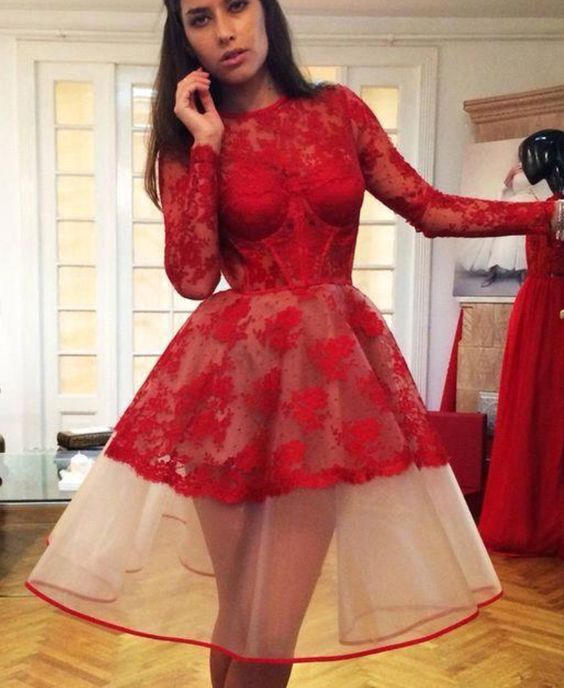 New Red Long Sleeves Lace Cocktail Dresses homecoming dress cg4733