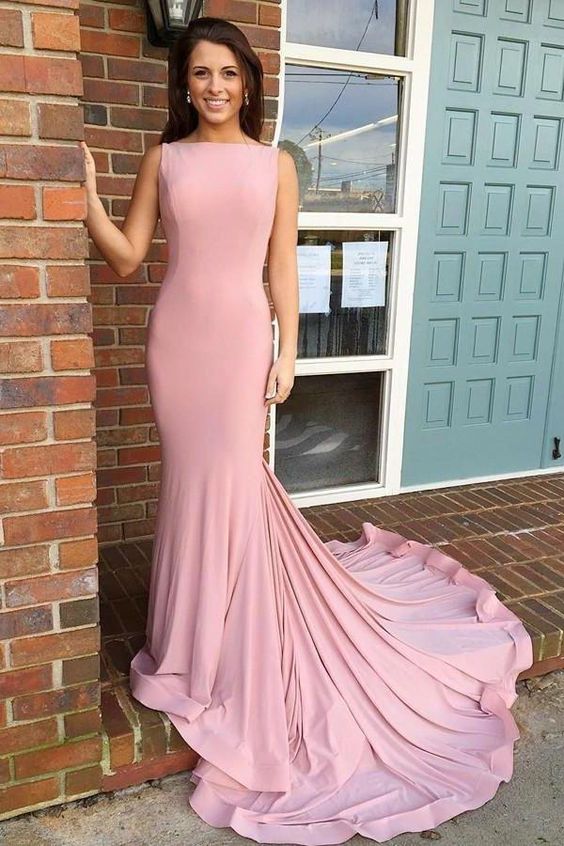 Boat Necking Long Sheath Pink Elegant Simple Cheap Prom Dresses Prom Gowns cg4734