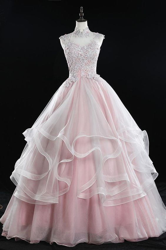 Pink Tulle Lace High Neck Long Senior Prom Dress, Lace Up Prom Gown cg4739