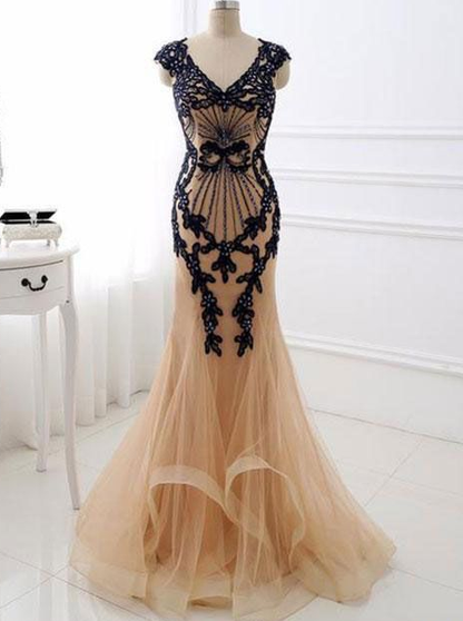 Champagne v neck lace applique mermaid long prom dress, champagne v neck evening dress, formal dress cg4744