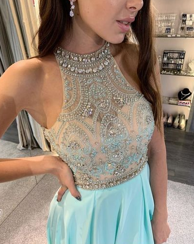 Halter A-Line Beading Ice Blue Long Prom Dress with Split-Front cg4762