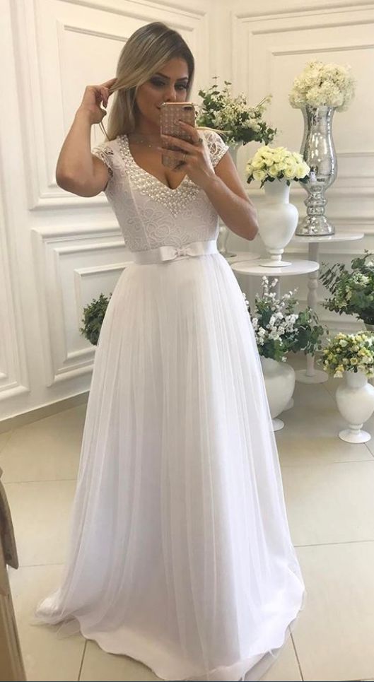 Cheap prom dresses ,Lastest Design White V Neck Tulle Prom Gown,Cap Sleeve Pageant Gown With Pearl Detail cg4770