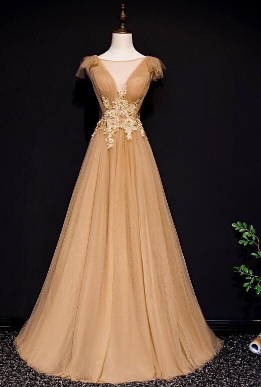Gold Tulle Long Party Gown With Applique, Elegant Formal Dress 2019  cg4771