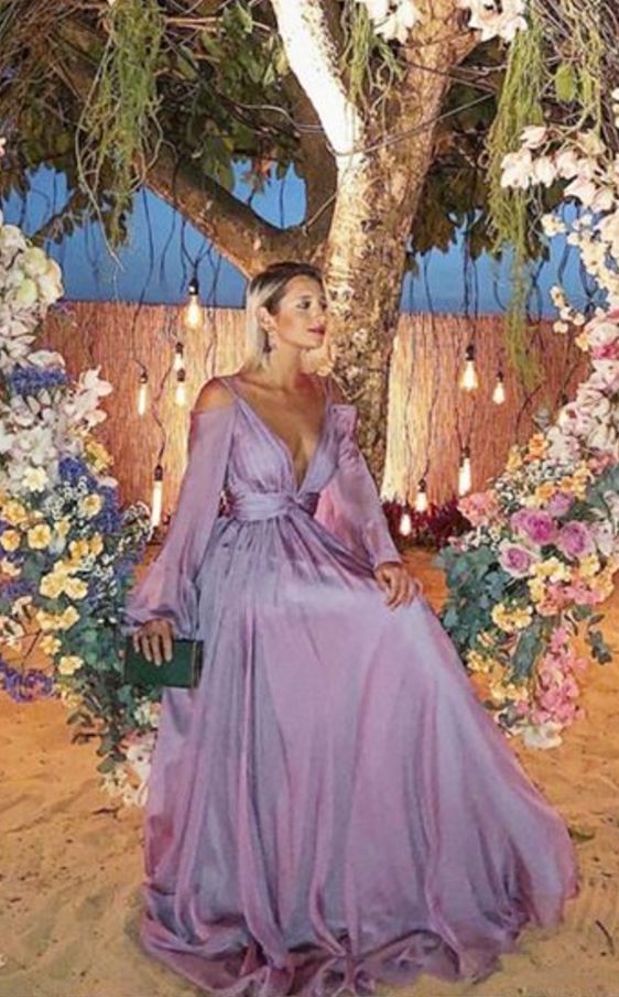A-Line Deep V-Neck Long Sleeves Lavender Chiffon Prom Dress cg4798