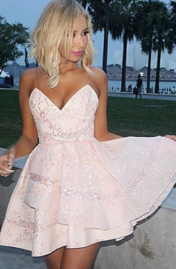 Straps Tiered Sequined Pink Homecoming Dress cg4811