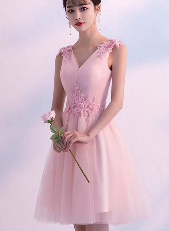 Pink Short Tulle Homecoming Dress, Pink with Lace Applique Party Dress 2019 cg4816