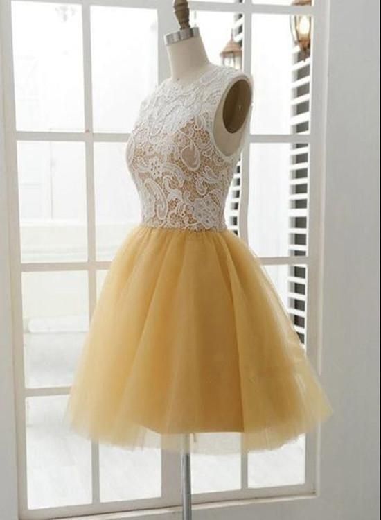 Beautiful Champagne And Tulle Lace Round Neckline Short Party Dress, Lovely Homecoming Dresses  cg4817