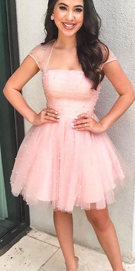 Sparkle Beaded Cap Sleeves pink Homecoming Dress  cg4828