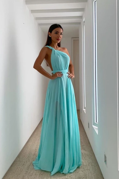 Simple blue chiffon long prom dress, evening dress cg4831