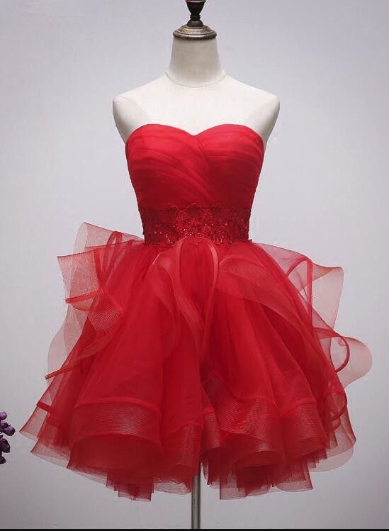 Beautiful Red Tulle Short Sweetheart Homecoming Dress, Lace-up Teen Party Dress, Tea Formal Dress cg4834