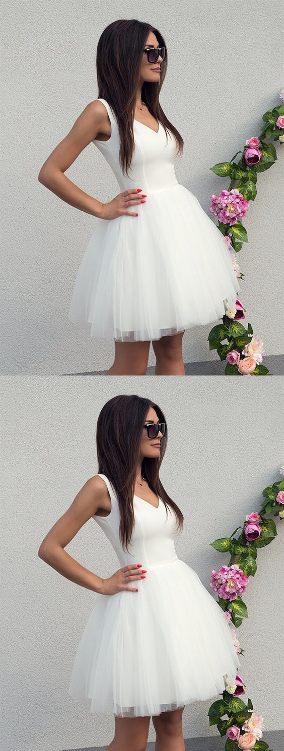 V Neck White Short Party Dresses, Short White V Neck Formal Homecoming Graduation Dresses cg4845