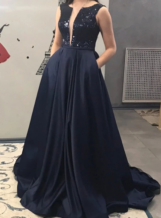 Simple A Line Deep V Neck Navy Blue Prom Dresses with Sequins Ruffles cg4855