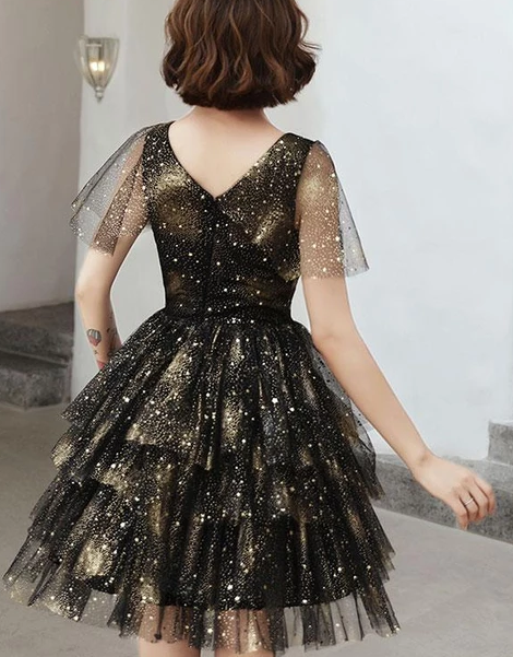 CUTE BLACK V NECK TULLE SEQUIN SHORT DRESS, BLACK HOMECOMING DRESS cg4866