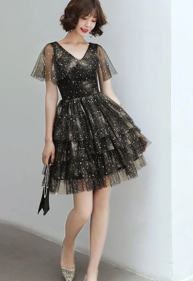 CUTE BLACK V NECK TULLE SEQUIN SHORT DRESS, BLACK HOMECOMING DRESS cg4866