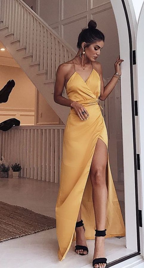 v-neck yellow long prom dress，high slit sexy evening dress，sexy party dress cg487