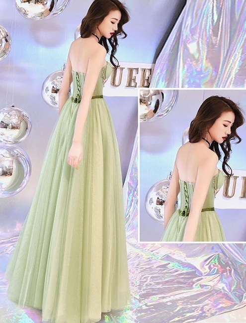 SIMPLE SWEETHEART NECK TULLE LONG PROM DRESS, GREEN EVENING DRESS cg4873