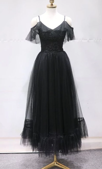 Simple Black Tulle Off Shoulder V Neck Ankle Length Prom Dress, Party Dress cg4888