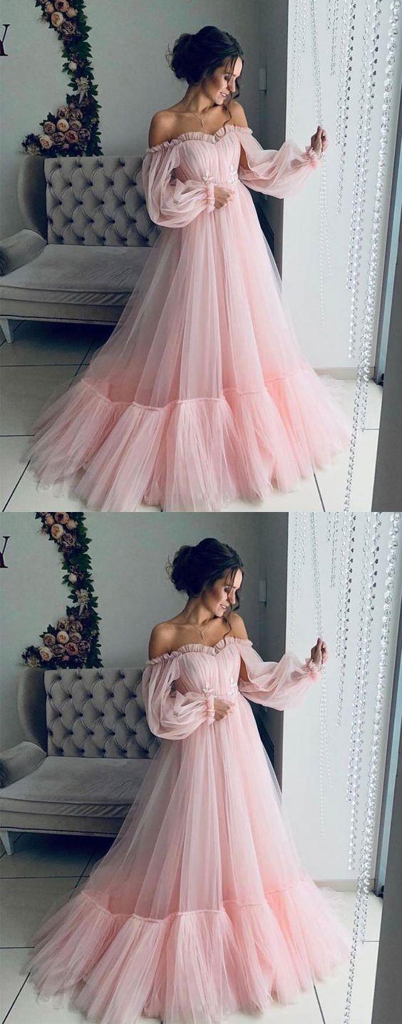 blue/pink tulle long prom dress, pink tulle evening dress cg489