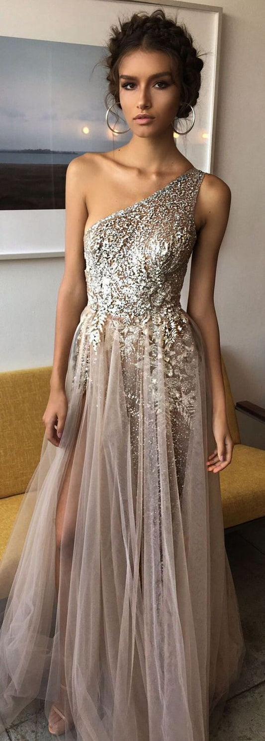 One Shoulder Sexy Side Slit Heavily Beaded Sparkly Long Evening Prom Dresses cg492