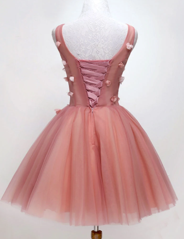 Pink v neck tulle lace short dress, cocktail dress cg4927