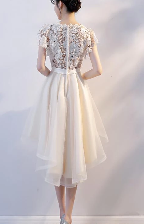 Lovely Champagne Lace High Low Party Dress, Cute Tulle Prom Dress cg4938