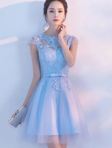 LIGHT BLUE A LINE TULLE LACE SHORT DRESS, HOMECOMING DRESS 2019 cg4948