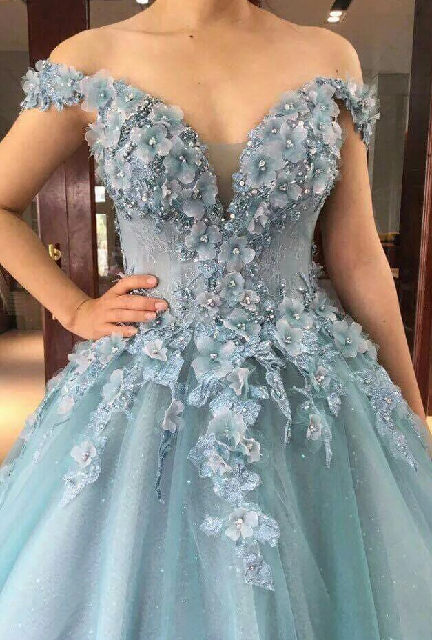 Puffy Off the Shoulder Tulle Floor Length Prom Dress with Flowers, Party Dress with Beads cg4951