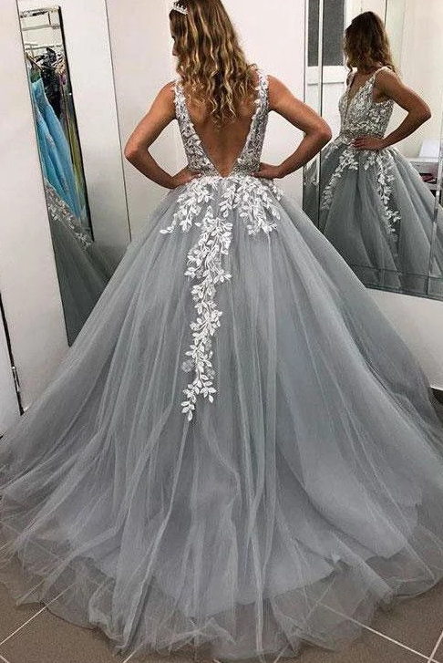 Gray V Neck Long Prom Dress for Teens, Puffy Appliqued Prom Dresses with Beading cg4955