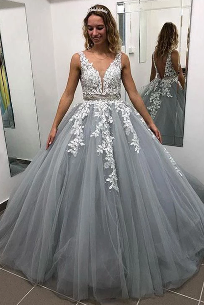 Gray V Neck Long Prom Dress for Teens, Puffy Appliqued Prom Dresses with Beading cg4955