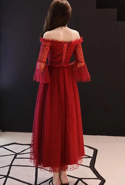 BURGUNDY TULLE LACE TEA LENGTH PROM DRESS, BURGUNDY EVENING DRESS cg4965