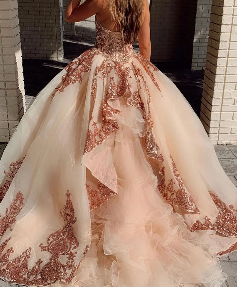 Champagne sweetheart tulle sequin long prom gown evening dress cg5000