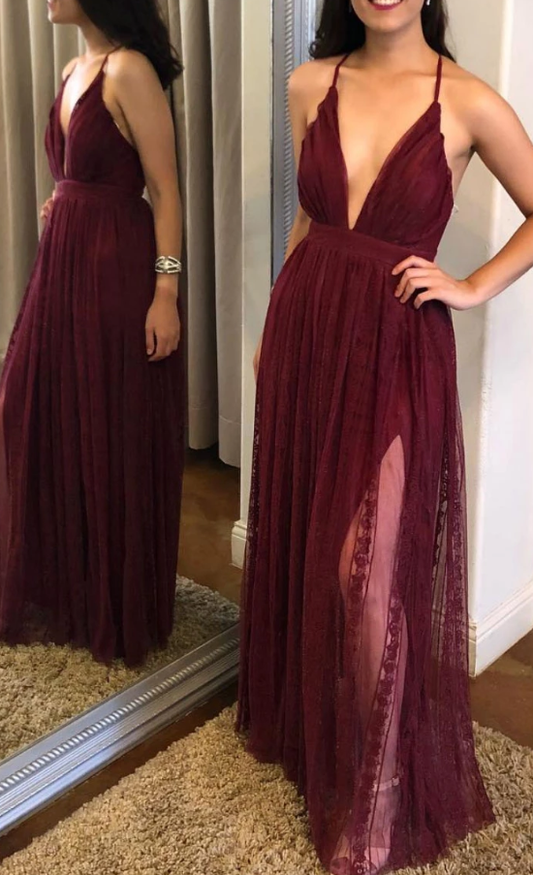 Burgundy v neck tulle lace long prom dress, tulle evening dress cg5022