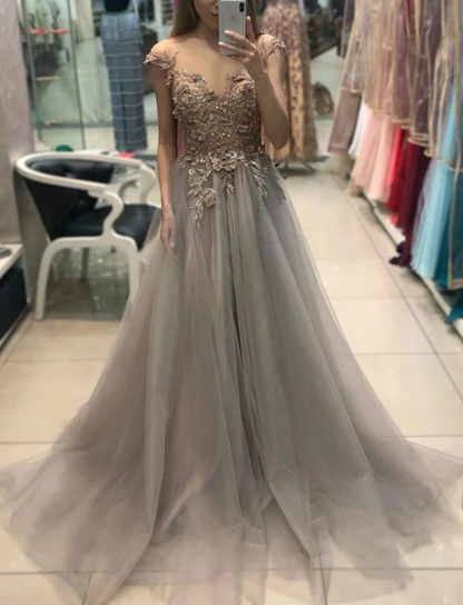 Gray v neck tulle lace long prom dress, gray evening dress cg5027
