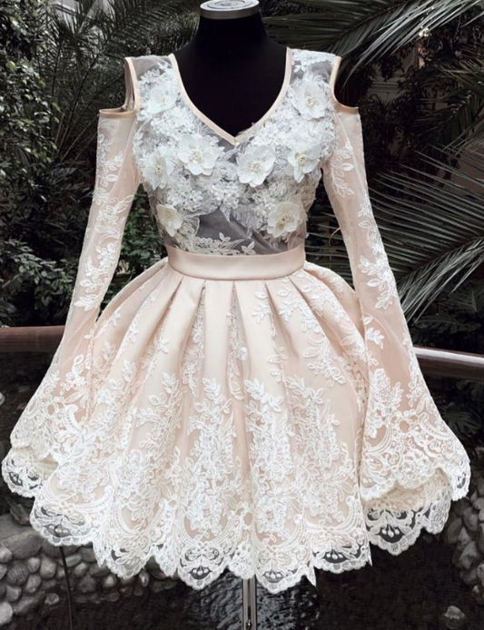 Champagne v neck lace short party dress, lace homecoming dress cg5029