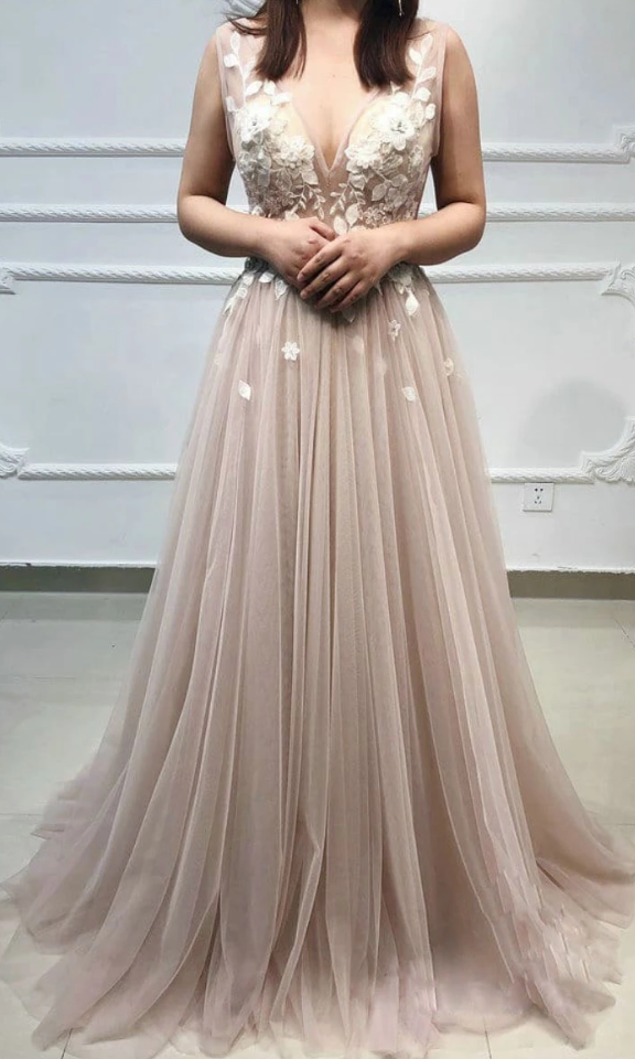 Champagne v neck tulle lace long prom dress, tulle evening dress cg5030
