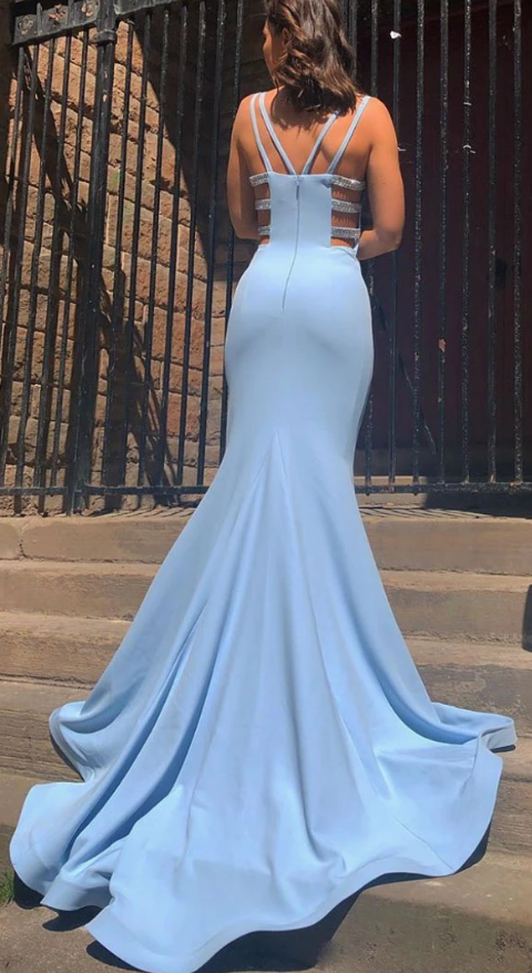 Blue satin mermaid long prom dress, blue evening dress cg5033