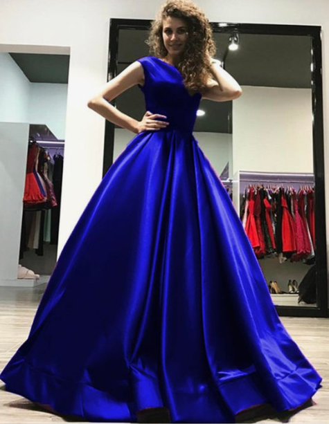 A-line Open Back Long Satin Floor Length Prom Dresses Royal Blue Evening Gowns cg5047