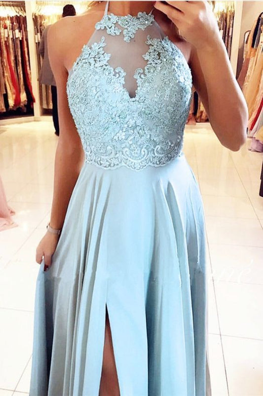 Light Blue Chiffon Bridesmaid prom Dresses With Halter Neck  cg5061